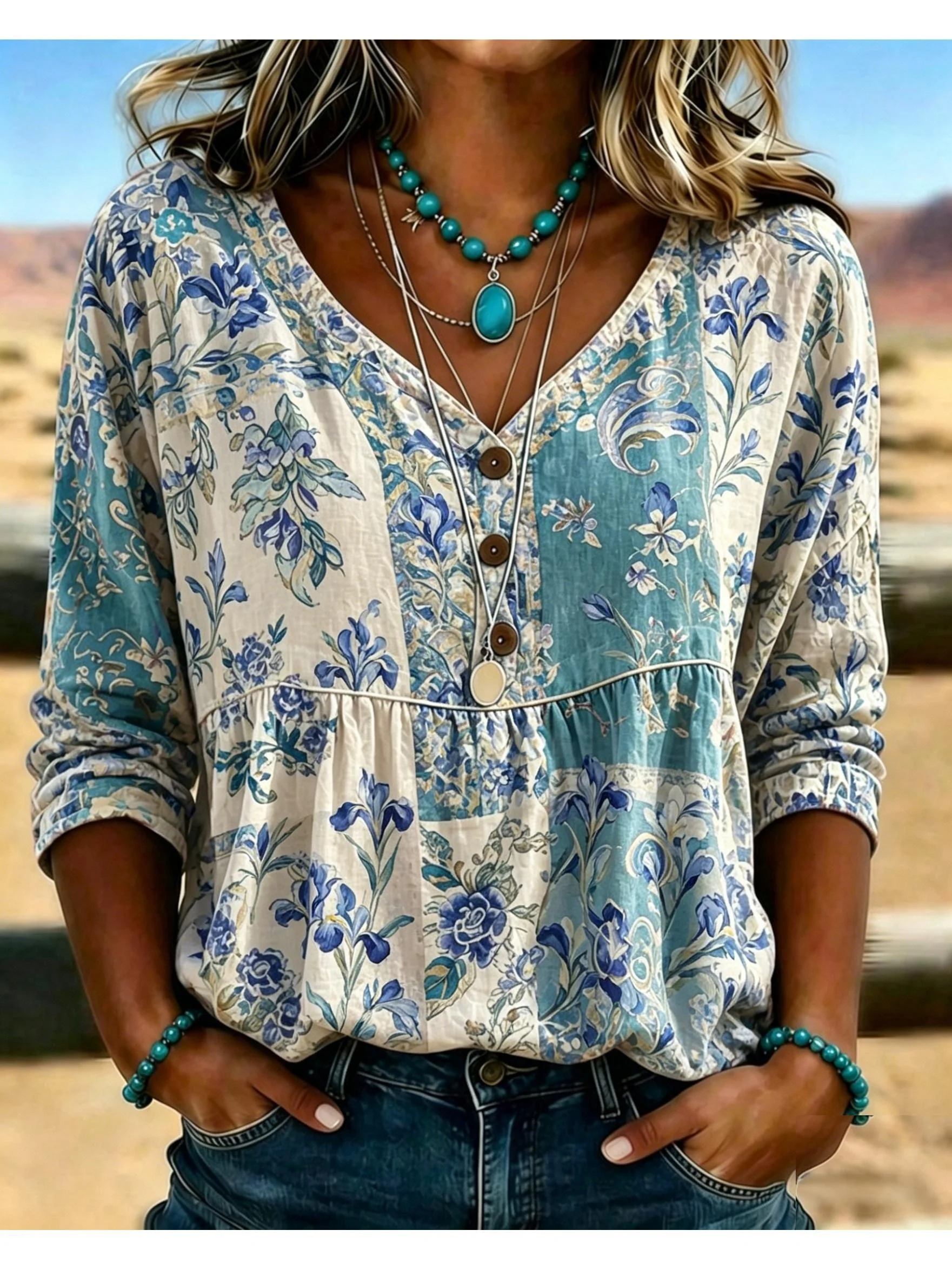 Iris Floral Patchwork Shirt Women Color Block V Neck Wooden Fastener 3/4 Sleeve Airy Fabric Vintage Library Wear - view 5