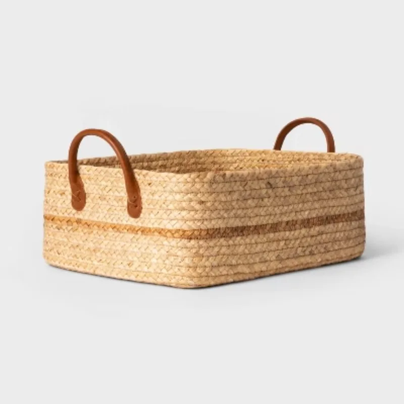 

Woven Water Hyacinth Folio Basket with Faux Leather Handles - Storage and Organization, Compatible with 11" Cubes
