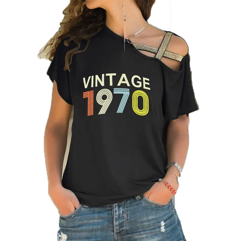 Vintage 1970 to 1990 Print Customizable Year Women T-shirt Ladies Casual Tshirt Summer Casual Irregular Skew Cross Bandage Tops