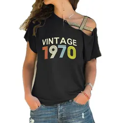 Vintage 1970 to 1990 Print Customizable Year Women T-shirt Ladies Casual Tshirt Summer Casual Irregular Skew Cross Bandage Tops