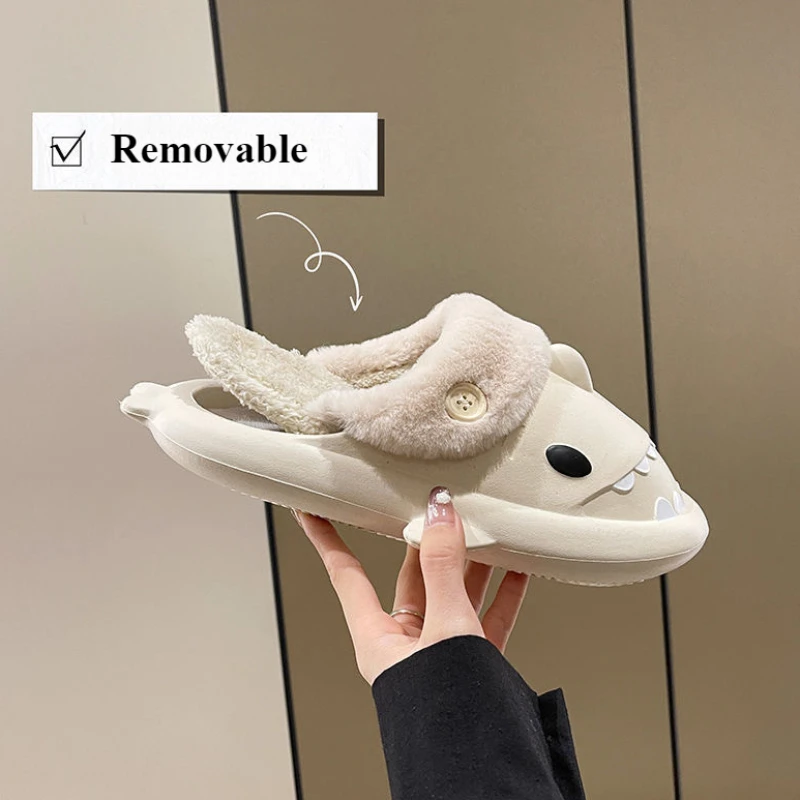 Shark نعال من القطن امرأة مقاوم للماء الشتاء داخلي عدم الانزلاق الشرائح أفخم الدافئة زوجين المنزل الصنادل القرش الوجه يتخبط حذاء مسطح