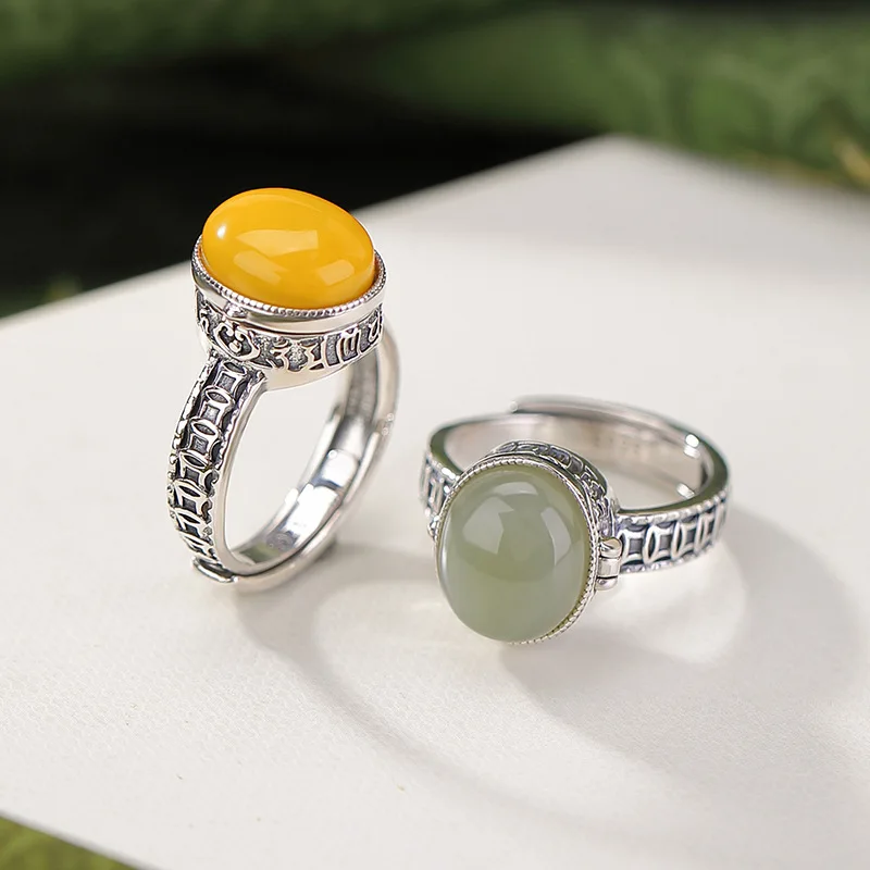 

Hetian Qing Shui Jade S925 Sterling Silver Amber Vajra Dorje Zakiram Openable Ring