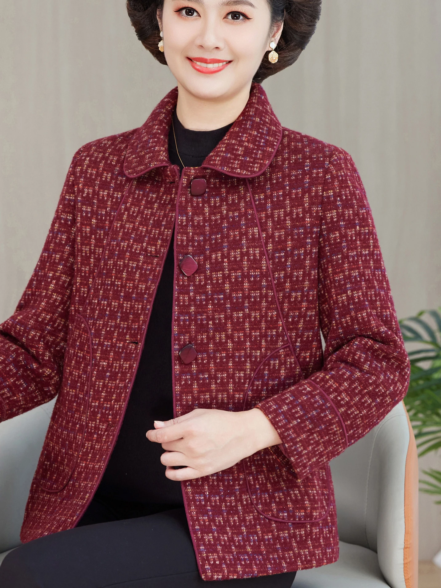 

Autumn Winter Plaid Woolen Coat for Middle-Aged And ly Women Faionable Lady Open Cardigan Top Mink Velvet