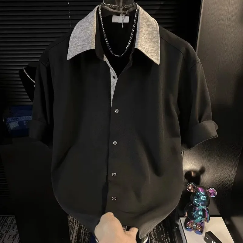 Advanced Splicing Short-sleeved Shirt for Men Trendy Casual Loose Fashion New Contrasting Color Versatile Cardigan