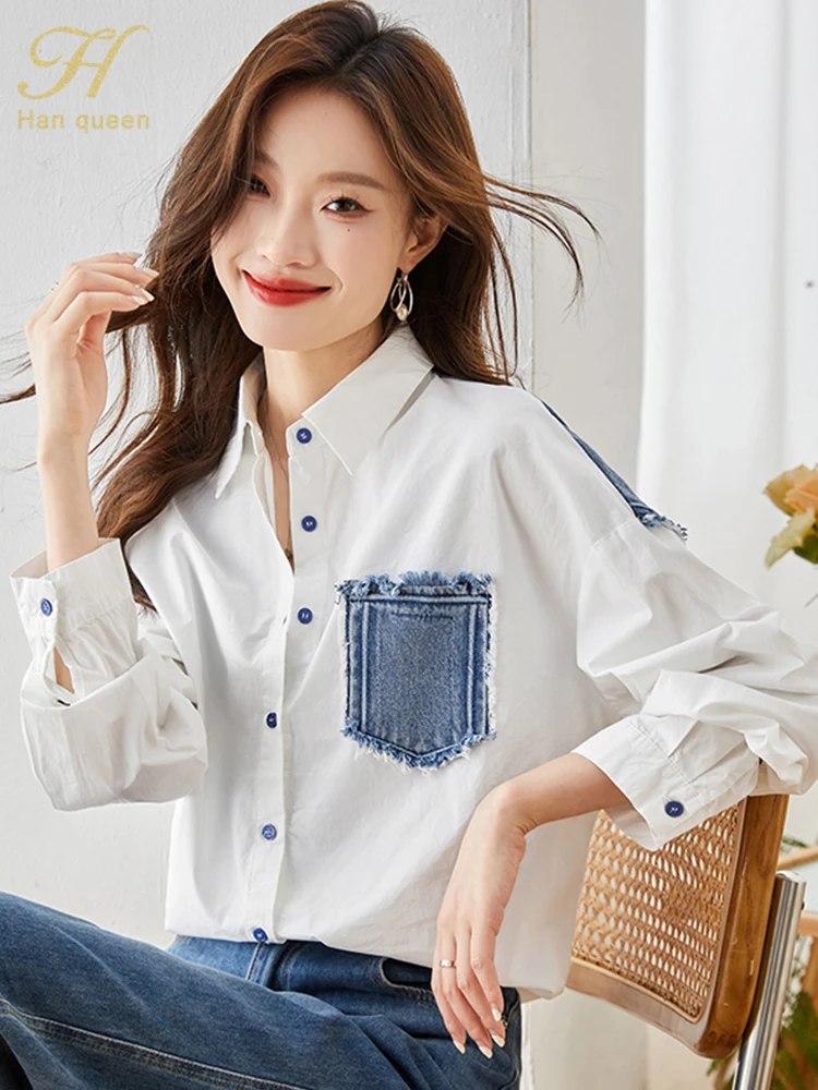 H Han Queen New Denim Patchwork White Shirt Women Blouse Vintage Work Casual Tops Spring Autumn Elegant Loose Shirts And Blouses