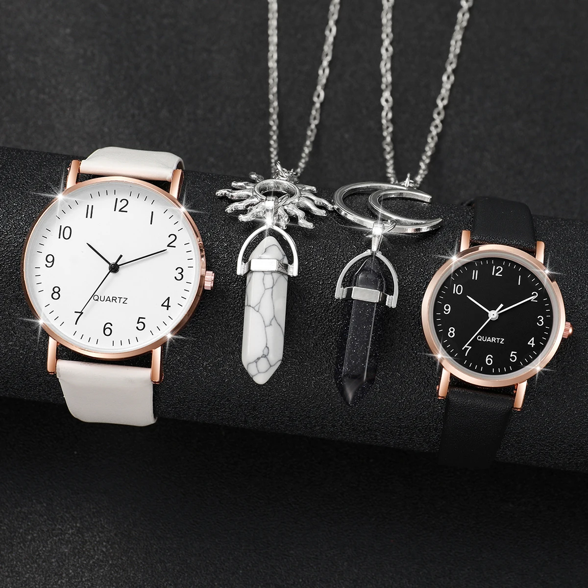 4Pcs/Set Fashion Unisex Leather Band Couple Quartz Watch and Moon & Sun Necklace Set