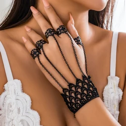 Lacteo Gothic Black Finger Ring Wide Lace Bracelet for Women Trendy Connect Hand Back Chain Bangle Jewelry Party Gift Girls New