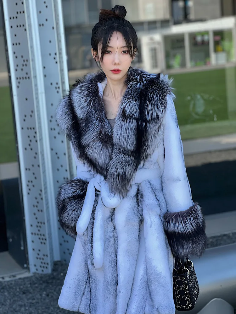 

2023Real fur, Winter Women Natural Rabbit Fur Coat Long with Large Silver Fox Fur Collar Sleeve Cuffs Ladies Fashion Overcoat