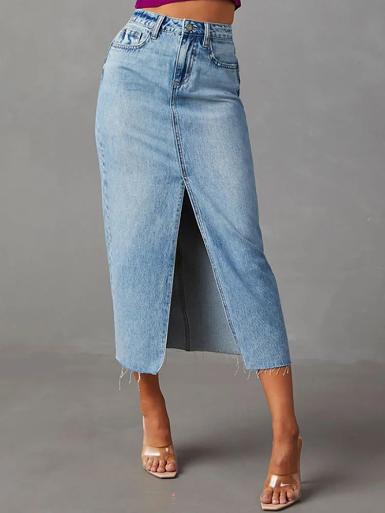 FIGOHR Women's Casual Denim A-Line Skirt Female Commute Basic Denim Skirt Female Sexy High Slit Mid Skirt 3 Color