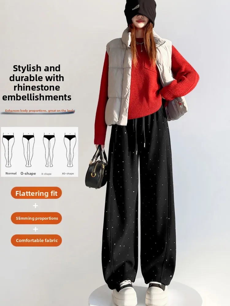 Chaud Fce doublé lourd Du paillettes Patchwork jambe large couteau pantalons décontractés pour les femmes taille haute minceur drapé trajet S...