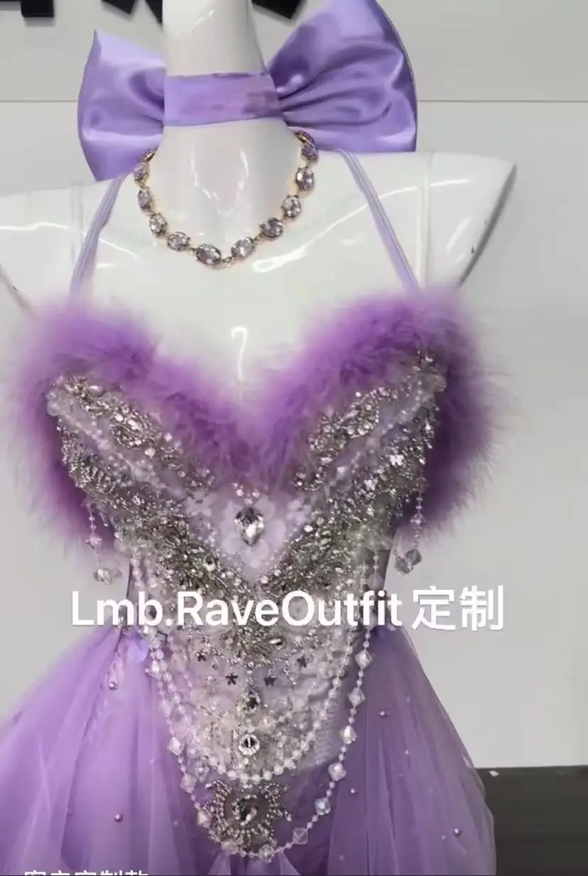 Sexy Luxury Shiny Diamond Crystal Chain Strap Bikini Mesh Dress Nightclub Bar Prom Party Birthday Female Singer Dance Stage Wear