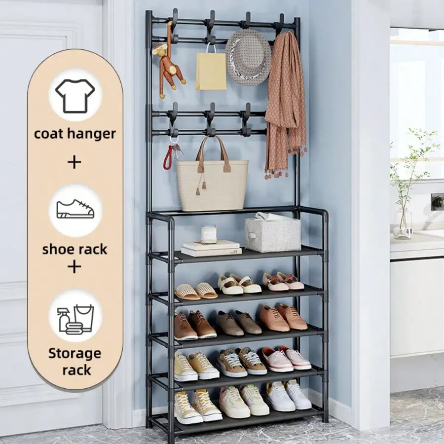 Multi-Functional Shoe Rack With Coat Hooks, 5-Tier Freestanding Shoe Shelf For Entryway, Heavy-Duty Shoe Organizer For Sneakers, Bags, Hats & Keys, Metal Frame, Space-Saving For Hallway, Closet & Bedroom - view 5