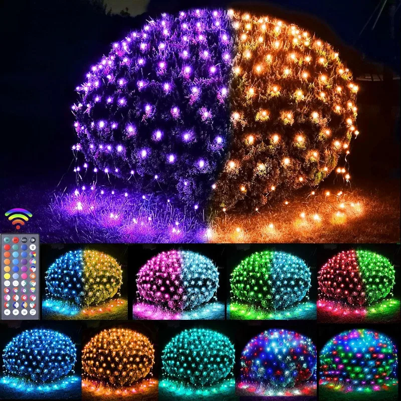 

240 LED Net Lights, 34 Colors Changing Christmas Net Lights Outdoor Clear Wire, 14.8ft x 5ft Connectable Halloween Mesh Lights f