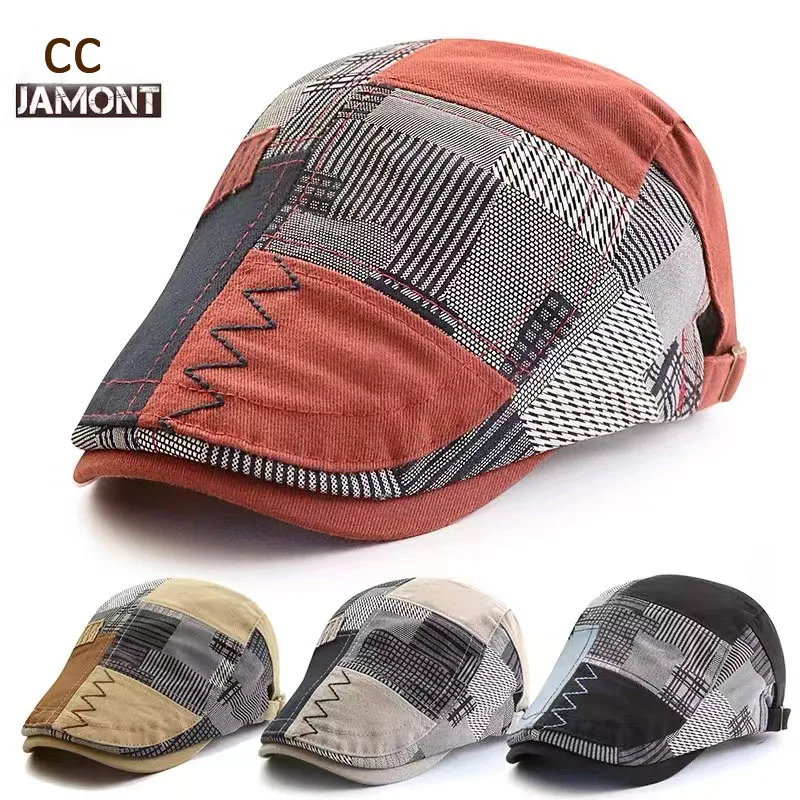 High Quality Pure Cotton Beret Men Patchwork Checkered Hat for Women Summer Fashion Retro Sunshade Protection Baseball Cap Male