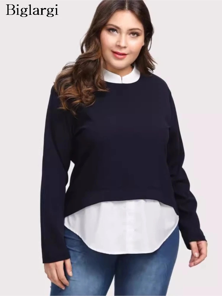 Plus Size Autumn Fake Two Piece Set Pullover Tops Women Long Sleeve Fashion Irregular Ladies Blouses Casual Woman T-Shirts Tops