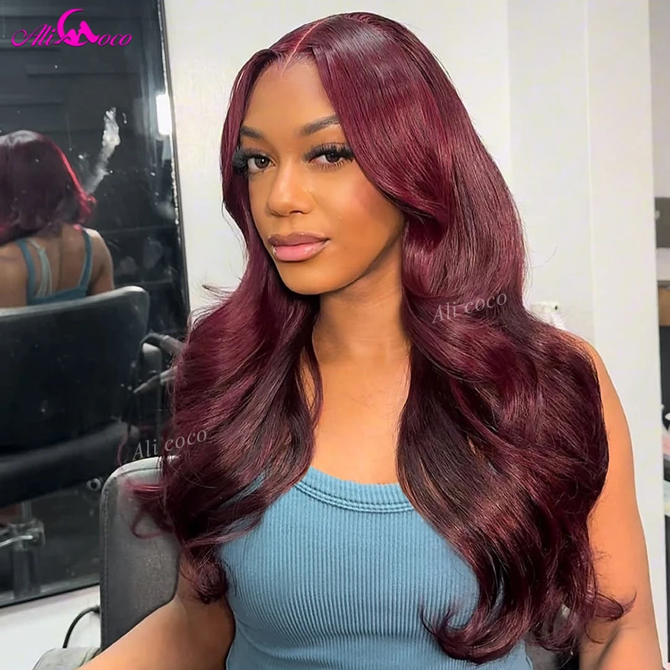 

Плотность 180, темно-красный винный цвет, прозрачный парик 13x6, кружевной передний парик с объемной волной, человеческие волосы, кружевной парик, предварительно выщипанный для женщин