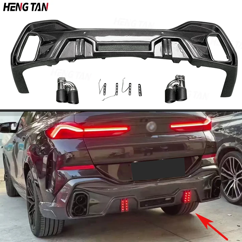 

With lights Car Rear Bumper Lip Diffuser Spoiler Parts For BMW X6 Series G06 2019-2023 Carbon Fiber Upgrade Body kit