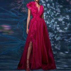 Elegant Birthday Party Dresses Rose Red Chiffon Ruffles Front Fork Handmade Flowers Ruched A-line V-neck Long Prom Dresses 2024