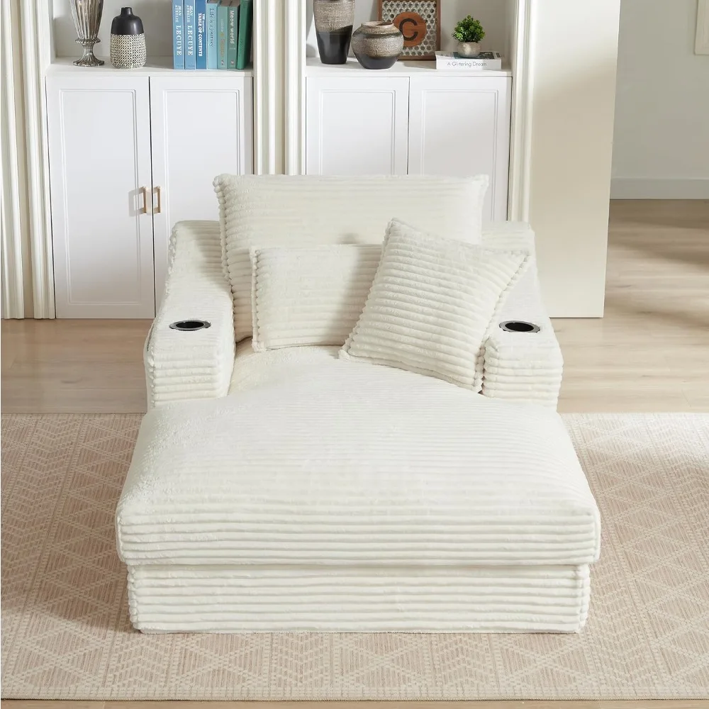 

47 Inches Oversized Chaise Lounge Chair Indoor, Fluffy Corduroy Upholstered Boneless Sleeper Sofa Couch w/Cupholders and 3 Throw