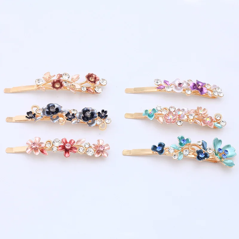 Vintage Flower Hair Pins Women Barrette Bobby Decorative Metal Gold Tone Hairpins Colorful Floral  Hair Clips French Rhinestone