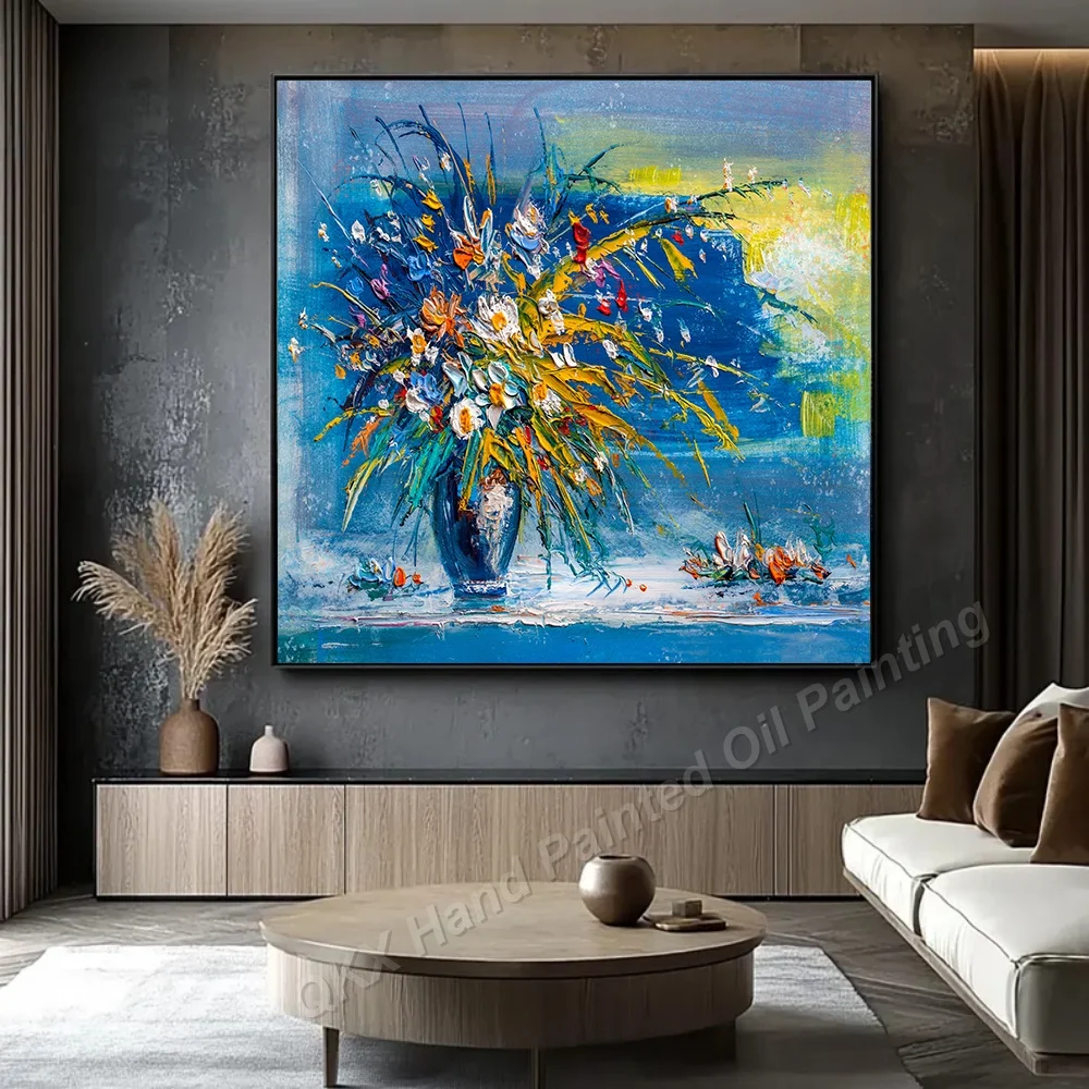 Impasto Vibrant Vase Flower Square Canvas Wall Art 100% Handmade Oil Painting Decor for Living Room