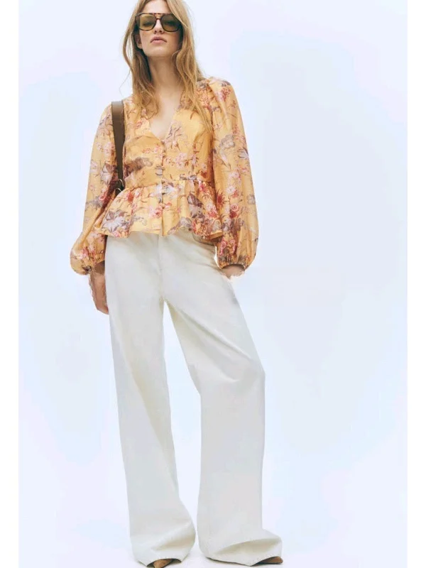 

Simple Style Women's Short Shirt V-neck Lantern Sleeve Long Sleeve Dress 2026 New Arrival Breathable Skin-friendly Cotton Blend