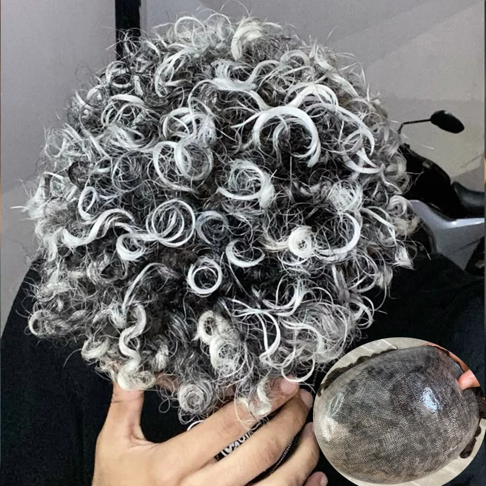 

Натуральный кудрявый парик из черных человеческих волос 20 мм, оттенки 1B40, 1B65, серый, для мужчин, прочный, с полной основой из ПУ, капиллярный протез для замещения волос