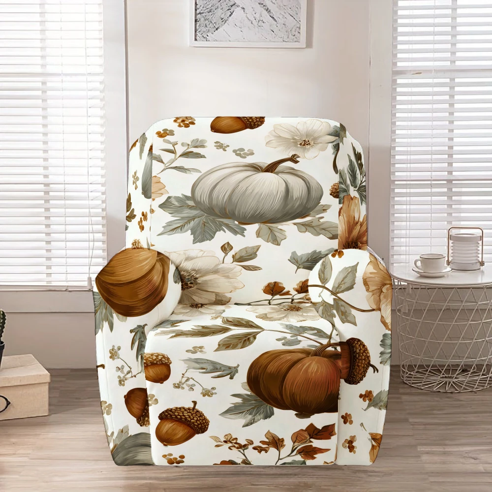Neutral White Pumpkin Acorn Floral Recliner Chair Cover Stretch Spandex Recliner Slipcover Farmhouse Fall Decor