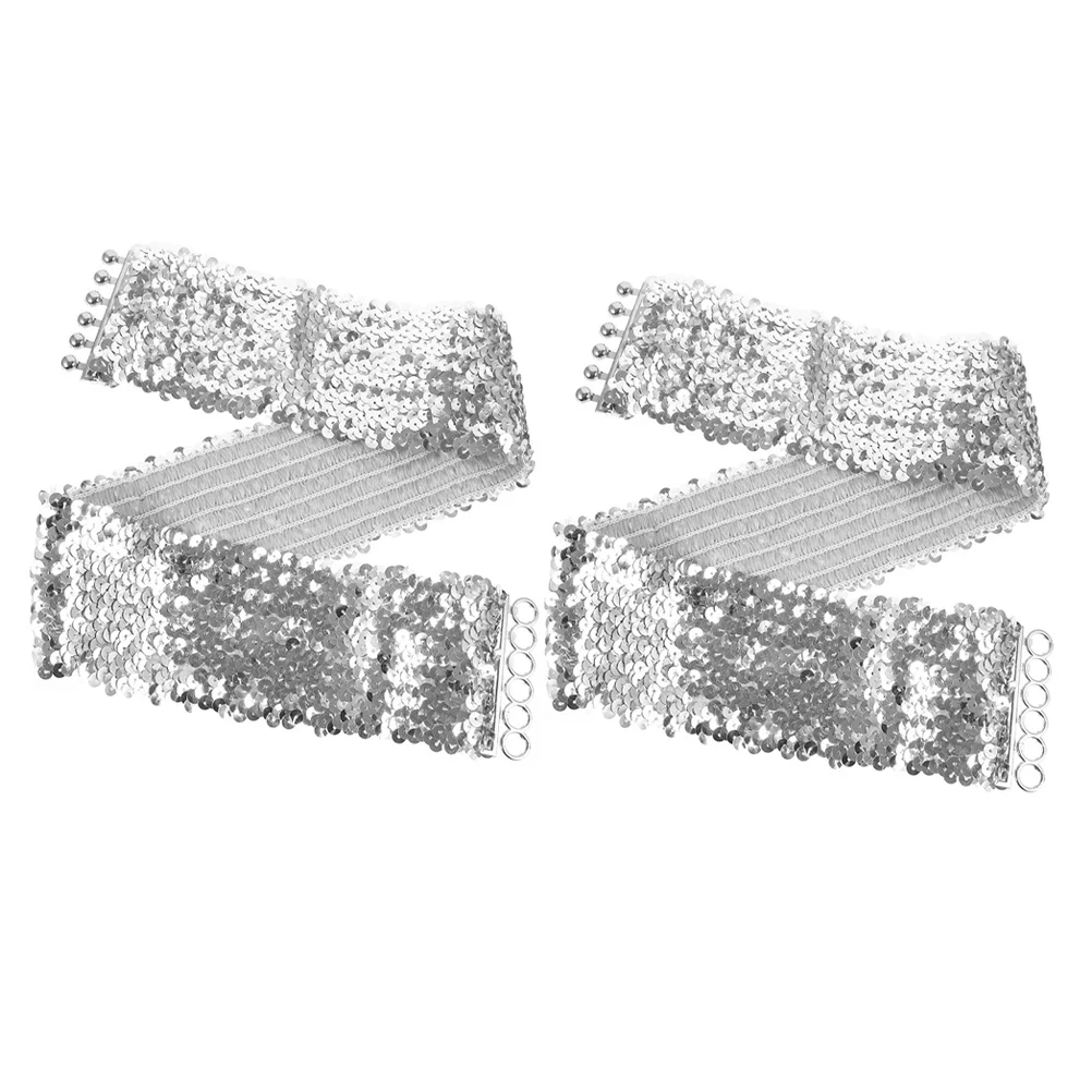 

2pcs Sequin Belt For Women Silver Wide Elastic Stretch Waist Band Cinch Dress Belt Adjustable Party Prom Wedding Halloween