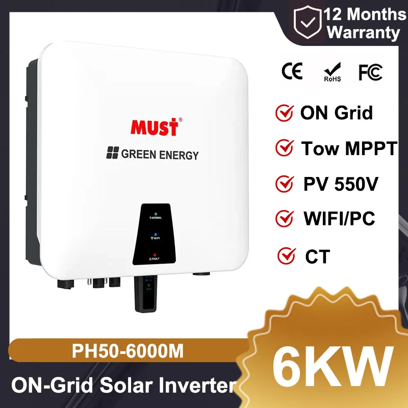 محول طاقة شمسية يجب ربطه بشبكة ، مدخل MPPT مزدوج ، PV من من من من نوع V عالي التردد ، على نظام طاقة شمسية شبكي بوظيفة CT ، PH5000 ، 6 كيلو وات ، V