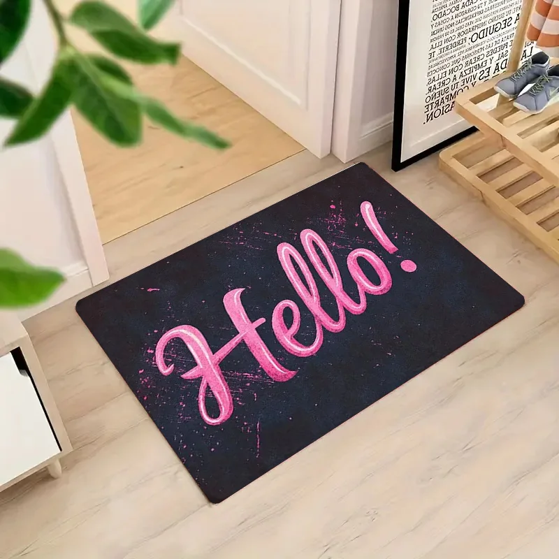 hello pink script design doormat dark blue background polyester non slip for front door entryway machine washable home decor
