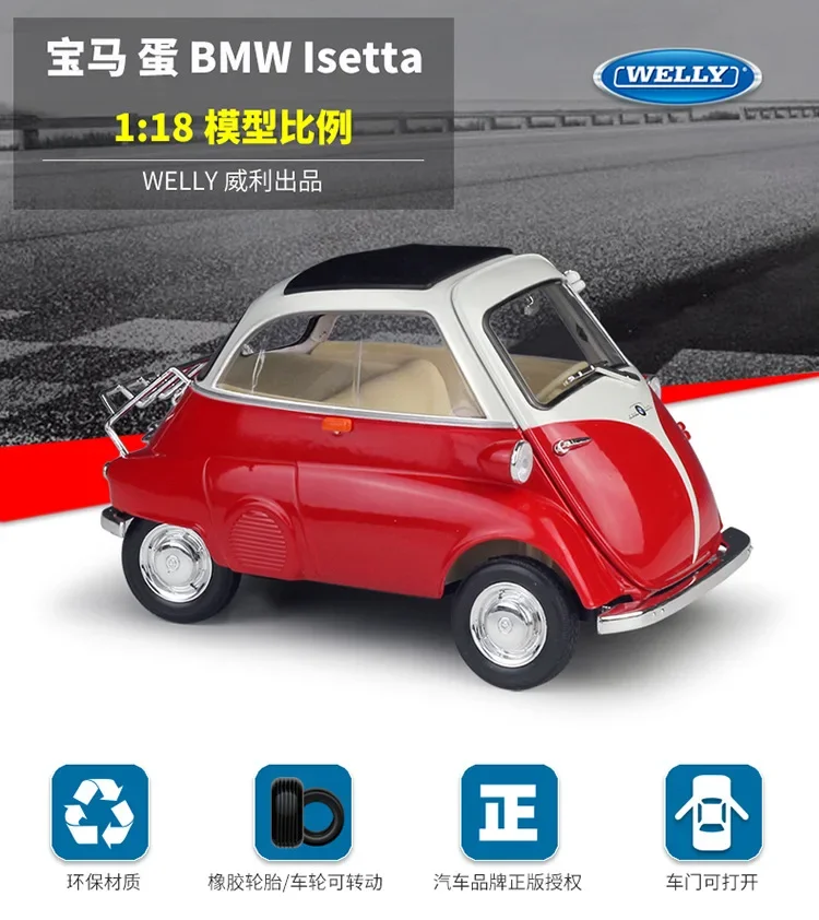 WELLY 1:18 BMW Isetta 6 Styles Diecast Model Car Classic Car Metal Alloy Toy Car for Children Gift Collection Decoration