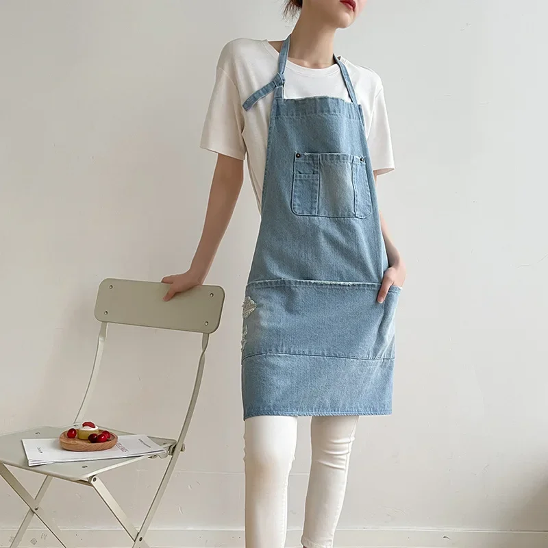 Blue Denim Simple Aprons Uniform Unisex Jeans Aprons Men Lady Chef Kitchen Cooking Apron Beauty Nails Cafe Uniform