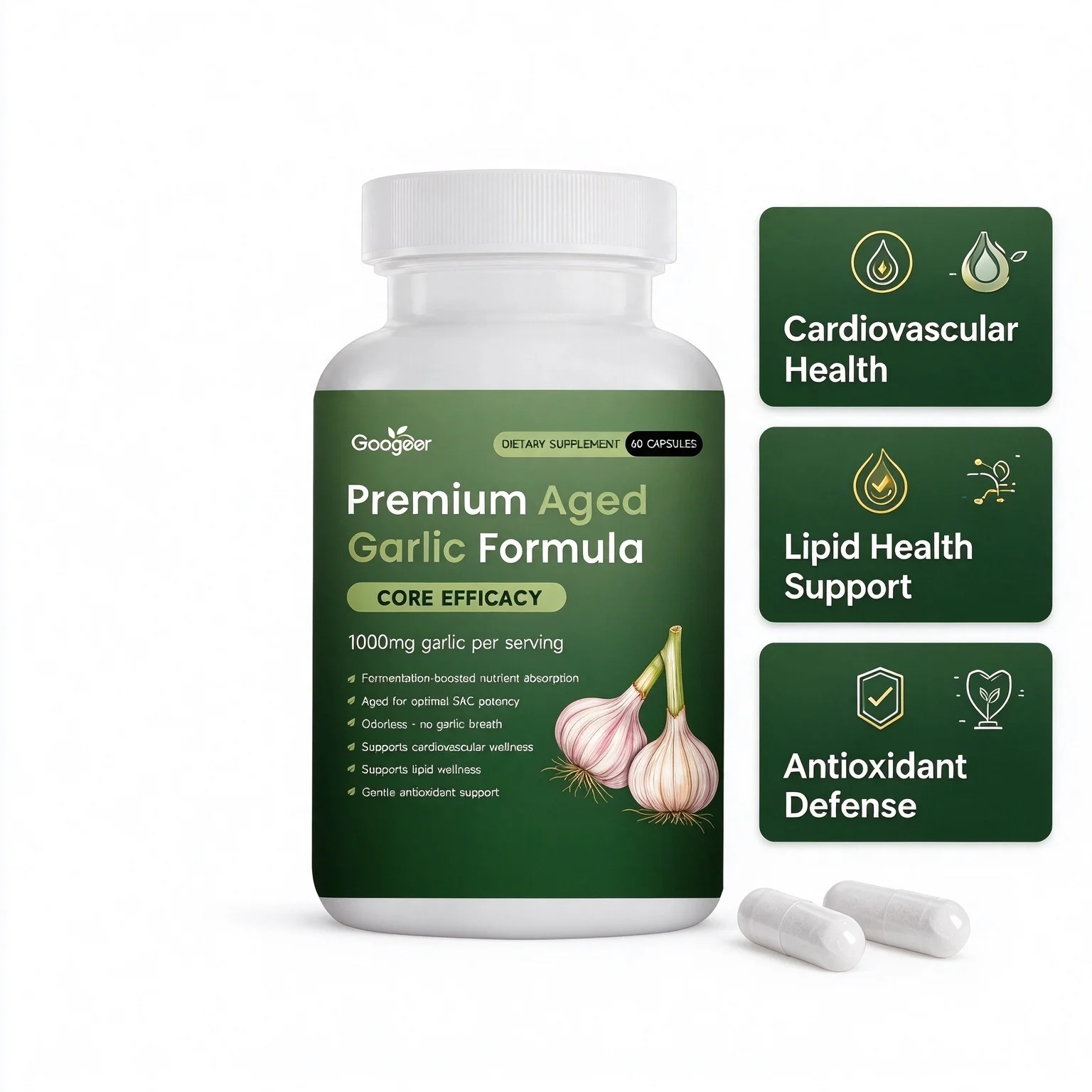 Premium Aged Garlic Formula Capsules 1000mg, SAC Potency, Odorless, Cardiovascular Lipid Balance Antioxidant Support 60 Caps