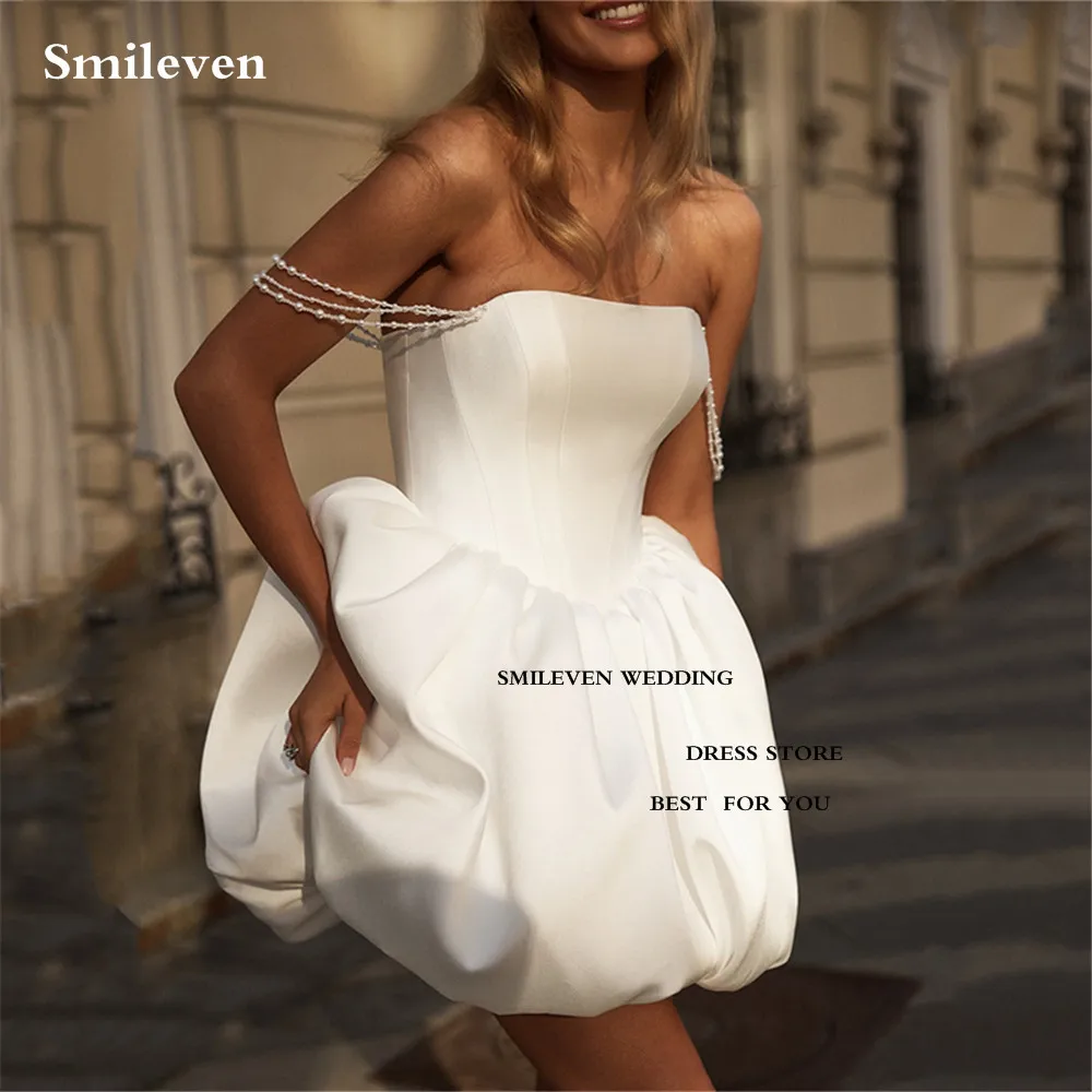 

Smileven Short Wedding Dress A Line Pearls Shoulder Bride Dresses Above Knee Length Vestido de novia Wedding Gowns Customized