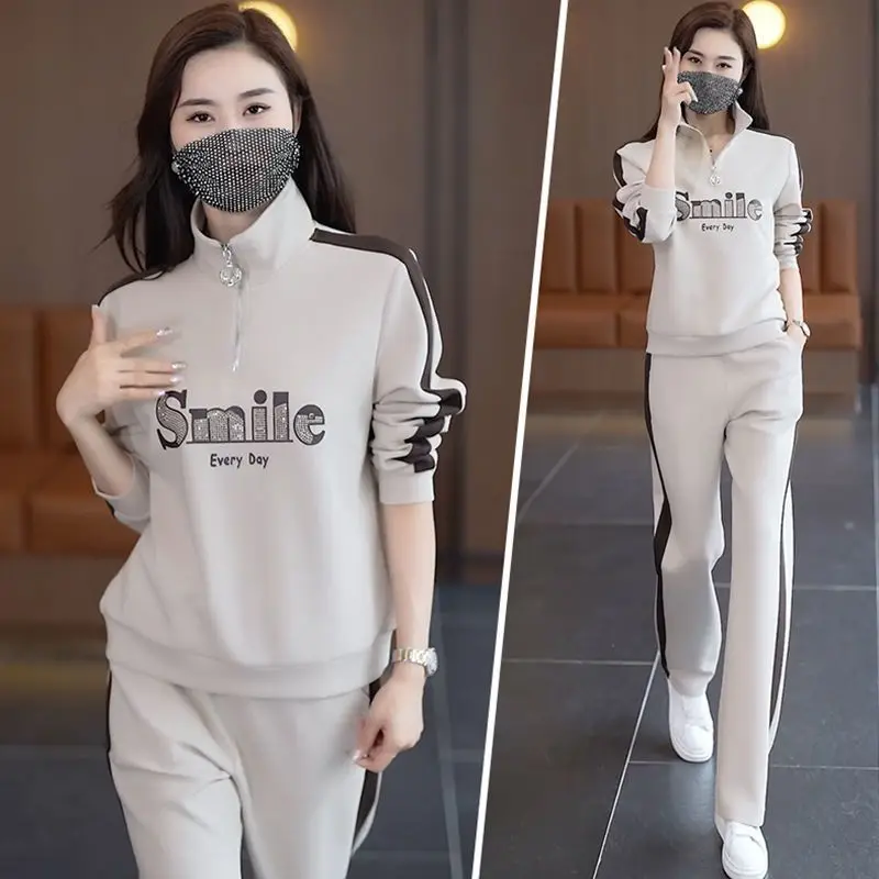 

Autumn Winter New Casual Running Sports Suit 2024 Women's Slim Fashion Splicing Stand Collar Sweater Top And Pants Two Piece Set