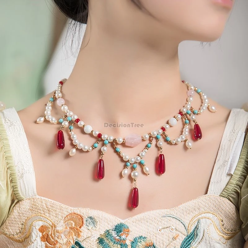 

2025 improved chinese ancient-style hanfu pendant tang dynasty necklace with tassels women long-style hanfu accessory neck chain