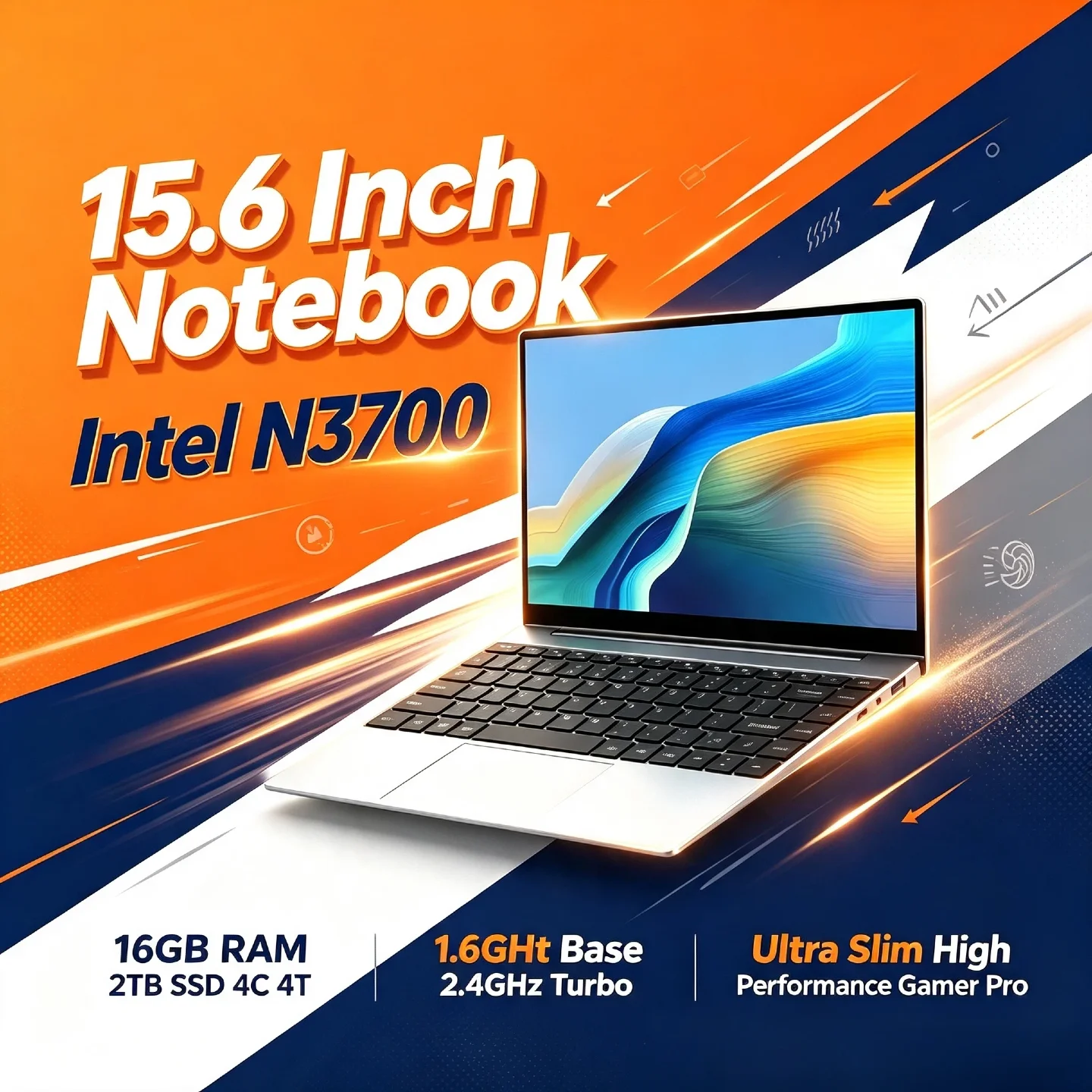 N3700 Intel 15.6 Inch Laptop 4C 4T 1.6GHz Base 2.4GHz Turbo 16GB RAM 2TB SSD Ultra Slim Notebook Pro Gamer High Performance