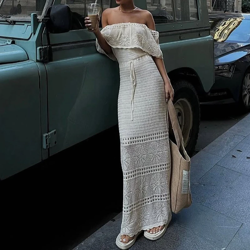 

Elegant Women's Summer White Beach Long Dress Short Sleeve Off Shoulder Sundress Knitted Hollow Tie Up Evening Maxi Dresses