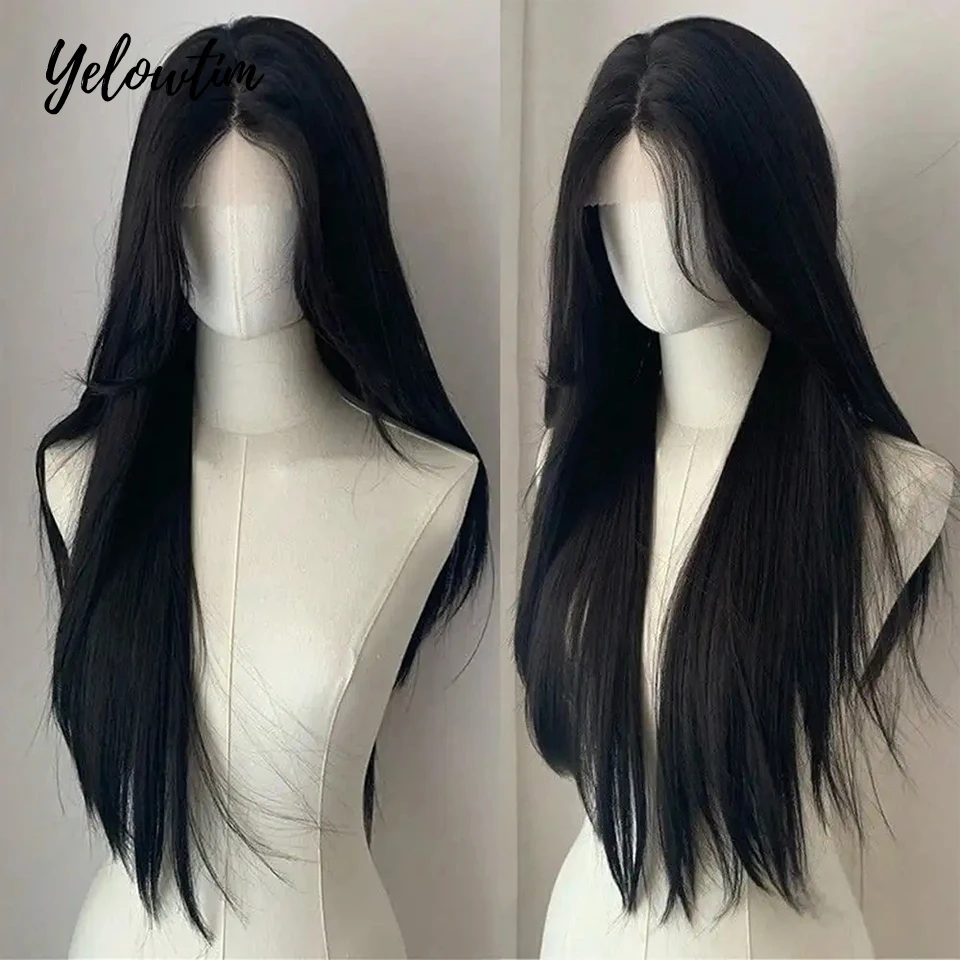 

Long Straight Black Lace Front Wig Natural Black Pre Plucked Synthetic Lace Front Wig For Women Glueless Heat Resistant Fiber