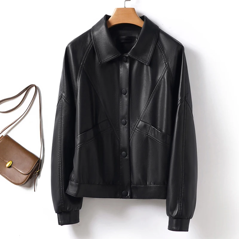 

S-3XL Women Sheepskin Loose Jacket Coats Black Casual Covered Button Female Drop-shoulder Short Real Split Leather Jacket Tops