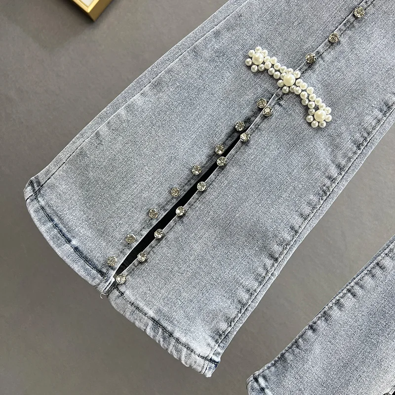 Pantalones acampanados de mezclilla con punta dividida para mujer, pantalones vaqueros ajustados de cintura alta con cuentas de diamantes, ropa