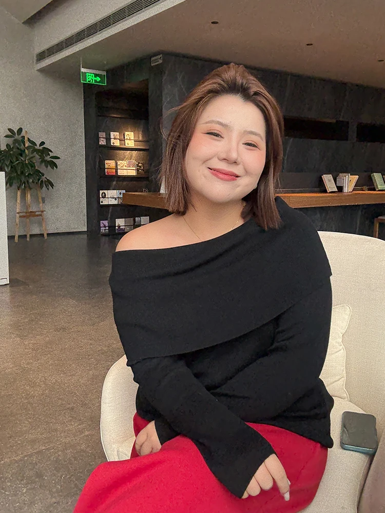 

Ele Off-oulder Knitwear Large Collar Winter Women's Sweater Soft Wool Blend Long Sve Casual Faion Muzi Ideal