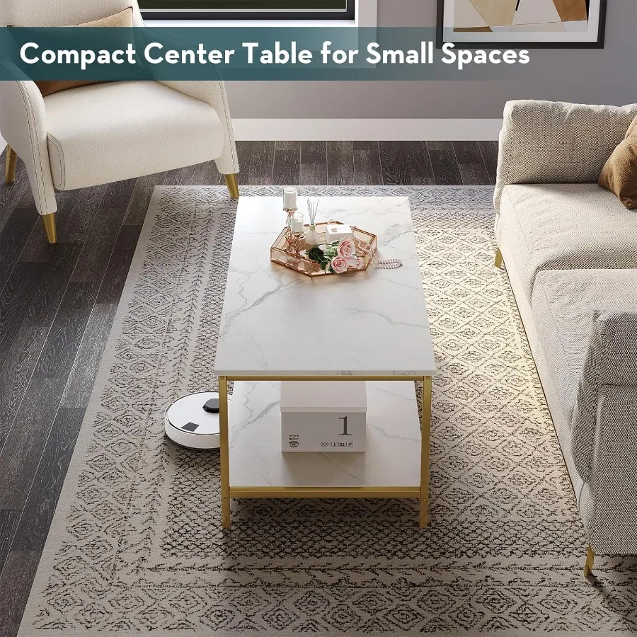 モダンな2段コーヒーテーブル、リビングルーム用、ホワイトゴールド、工業風長方形木製テーブル、大小のスペースに最適