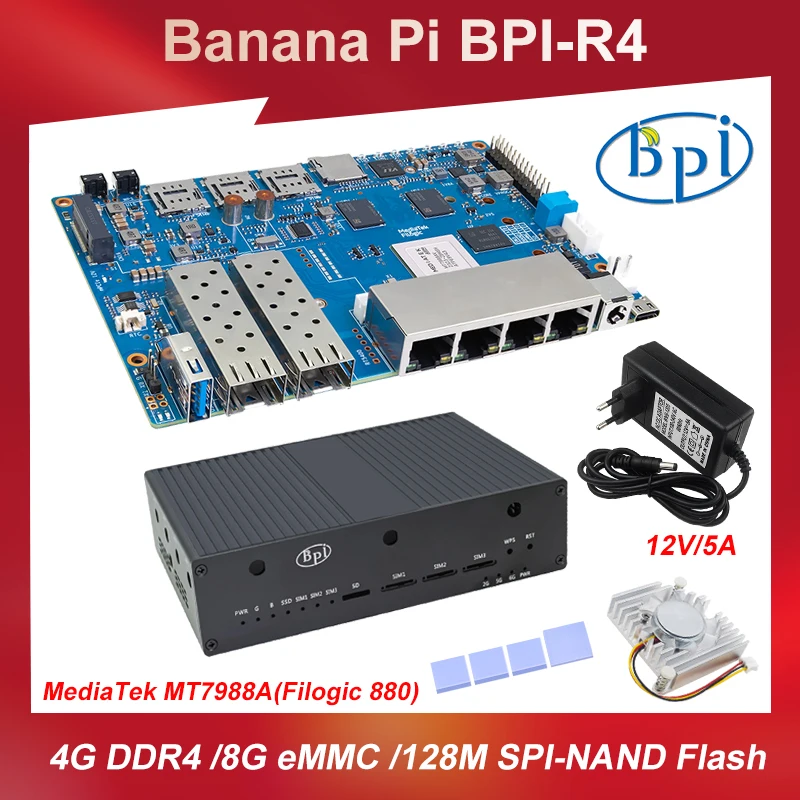 Banana Pi BPI-R4 MediaTek MT7988A (Filogic 880)  Corex-A73 4G DDR4 8GB eMMC Support Openwrt Smart Router Board Metal Case Power