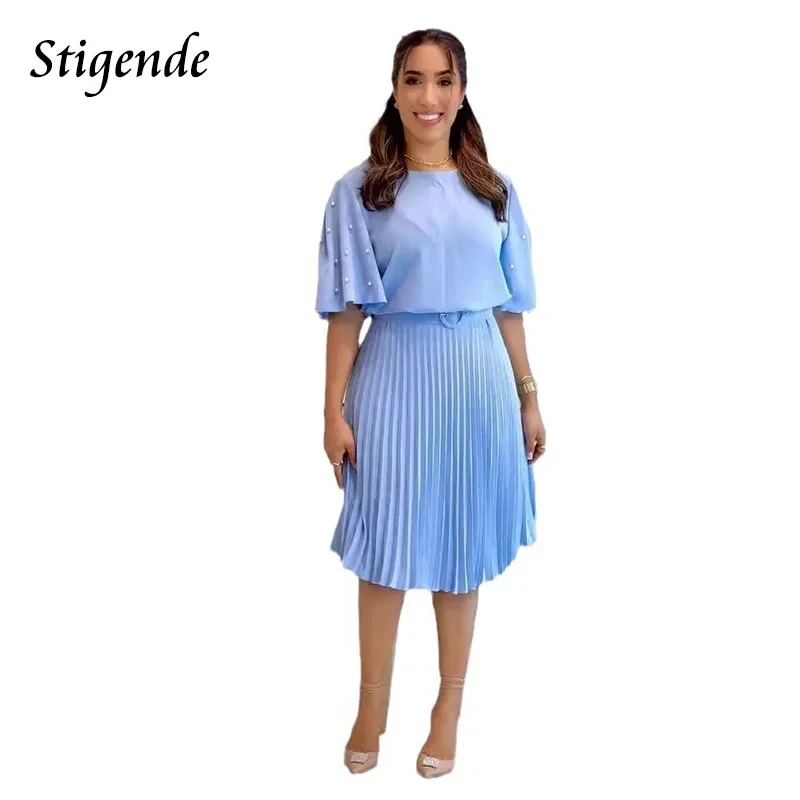 Women Loose Fit Midi Dress with Pearls Elegant Short Sleeve Belted Pleated Dress