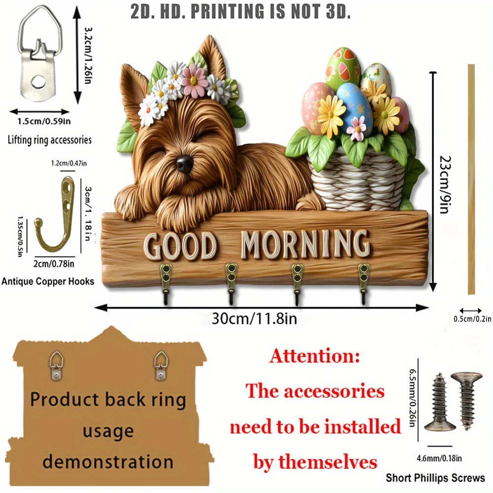 ,2D Flat,1pc,Good Morning Puppy Warm Greeting Wooden Multifunctional Home Key Hanger with Four Metal Hooks, Wall Decoration,