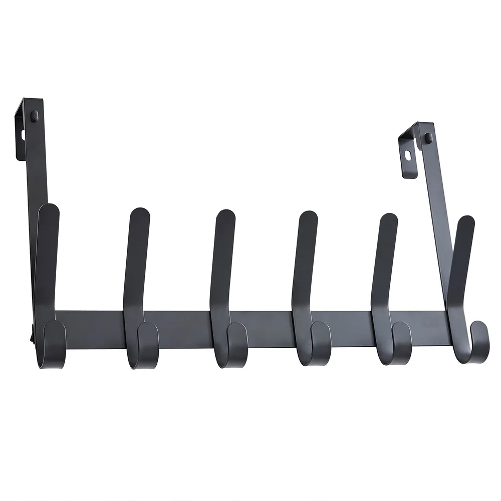 Over-the-Door Hook Rack with 6 Double Hooks Towel Robe Accessories Heavy Duty Matte Black Steel Tool-Free Installation