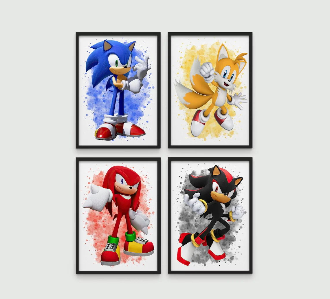 Sonic the Hedgehog Wandkunst-Set mit 4 Bildern |   Sonic Poster-Paket |   Kinderzimmer-Dekoration |   Sonic, Tails, Knuckles, Shadow |   Sonic Geschenke |   Also