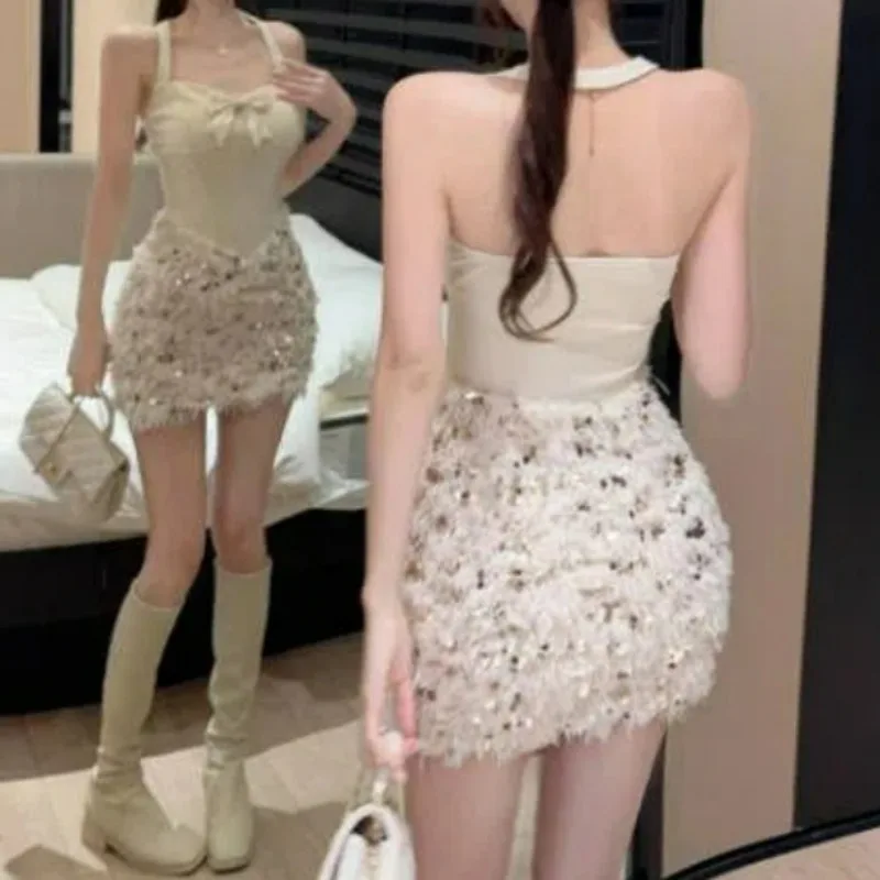 Kobiety w stylu Vintage cekiny kokarda z kryształkami luksusowe eleganckie sukienki imprezowe letnia seksowna Halter bez pleców, bez rękawów Bodycon Club Mini sukienka